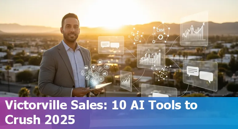Sales professional in Victorville using AI sales tools on a laptop with Victorville city view.