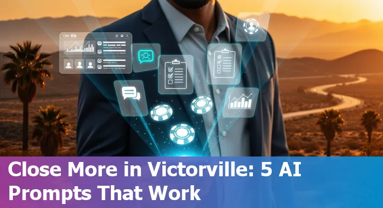 Sales professional in Victorville using AI-powered prompts on a laptop with Victorville skyline in the background