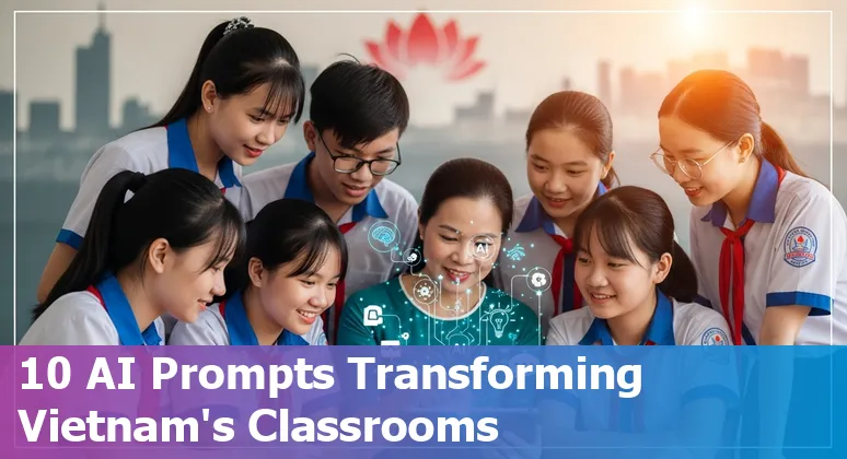 Vietnam classroom using AI tools: teacher, students, and digital learning icons