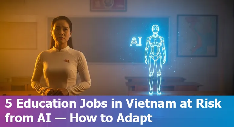 Teacher and administrative staff in a Vietnamese classroom with AI tools on screen, symbolising reskilling and adaptation.