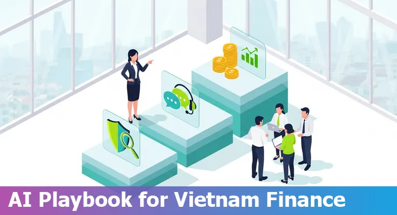 Illustration of AI in Viet Nam financial services 2025 showing bank, data cloud, and regulatory icons in Viet Nam
