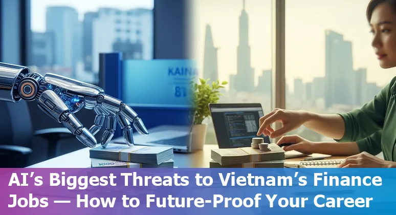 Vietnamese bank staff and AI icons illustrating jobs at risk and reskilling pathways