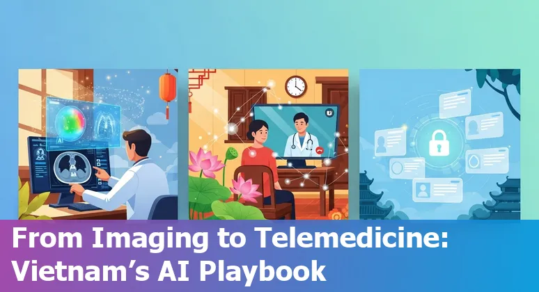 Illustration of AI prompts and healthcare icons over a map of Vietnam highlighting hospitals and tech logos