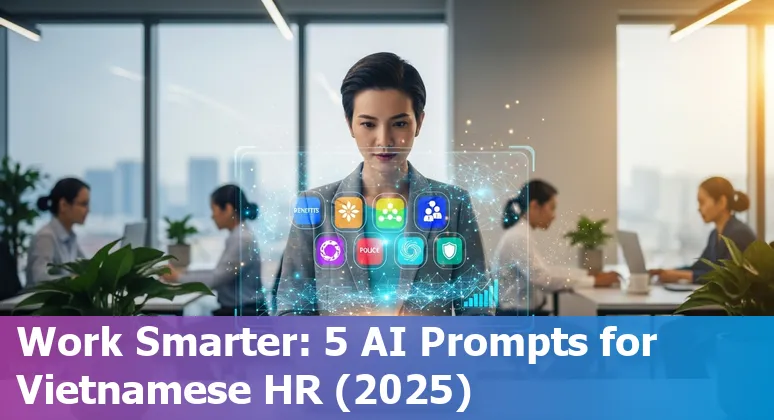 Vietnam HR professional using AI prompts on laptop for benefits, onboarding and reporting