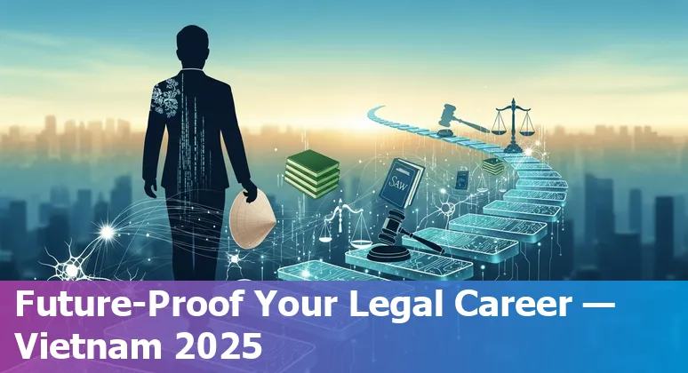 Lawyer using AI tools with Viet Nam flags and DTI/PDP law icons — Viet Nam