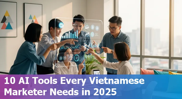 Collage of AI tool logos (ChatGPT, Predis.ai, Customers.ai, Hootsuite, Canva, ContentStudio, Segment, DataRobot, AdRoll, AI Hay) over a map of Vietnam