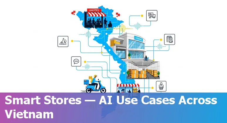 Retail store with AI overlays: heatmap, chatbot, automated shelves and delivery drone representing AI use cases in Vietnam retail.