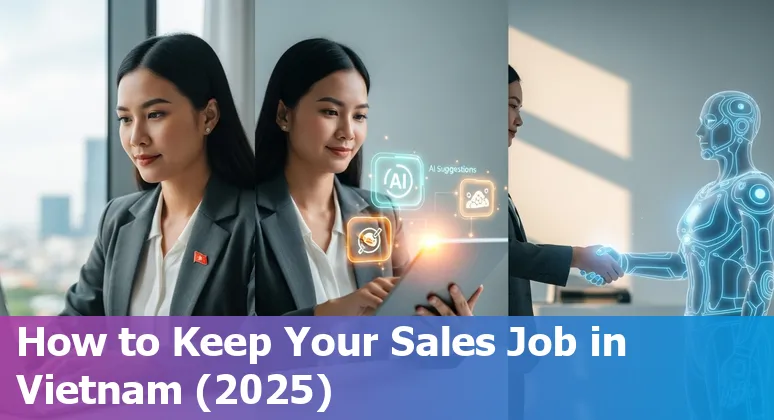 Illustration showing AI tools and salespeople collaborating in an office in Viet Nam, with chatbots, CRM and teamwork.