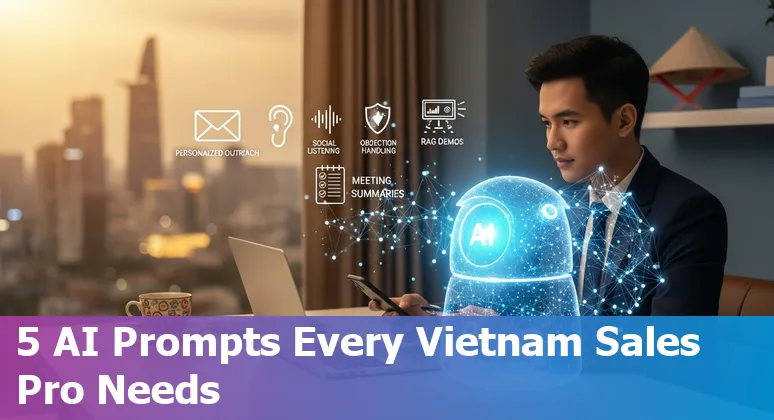 Vietnam sales rep using AI prompts on laptop for outreach, social listening, and CRM updates