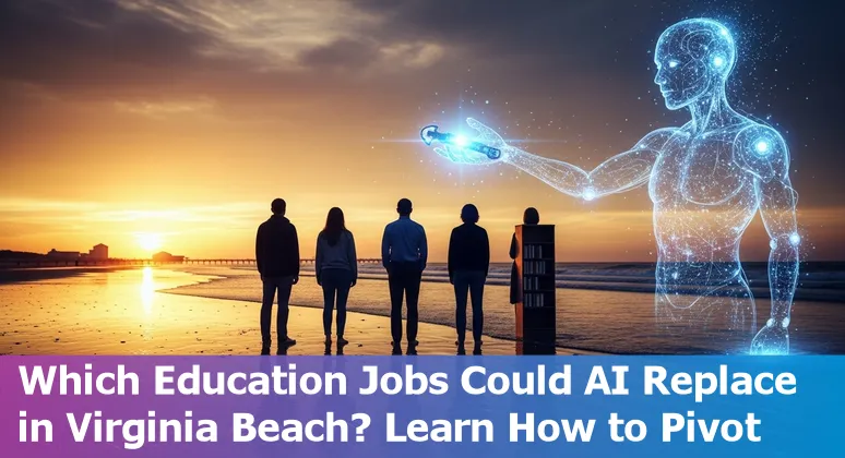 Virginia Beach educators meeting with laptops and AI tools, city skyline in background