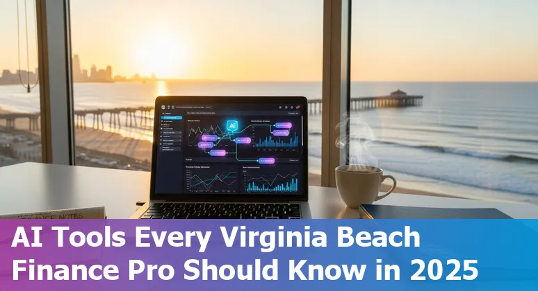 Finance professional using AI tools with Virginia Beach, Virginia skyline in background