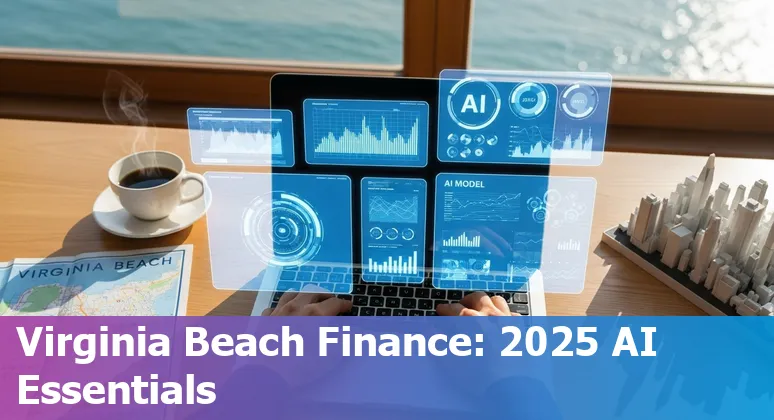 Finance professional in Virginia Beach using AI tools on a laptop with the city skyline in the background