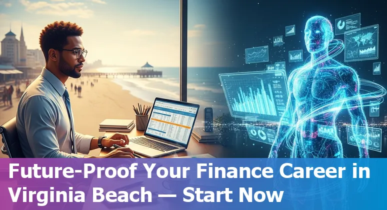 Finance professional using AI tools with Virginia Beach skyline in Virginia, US