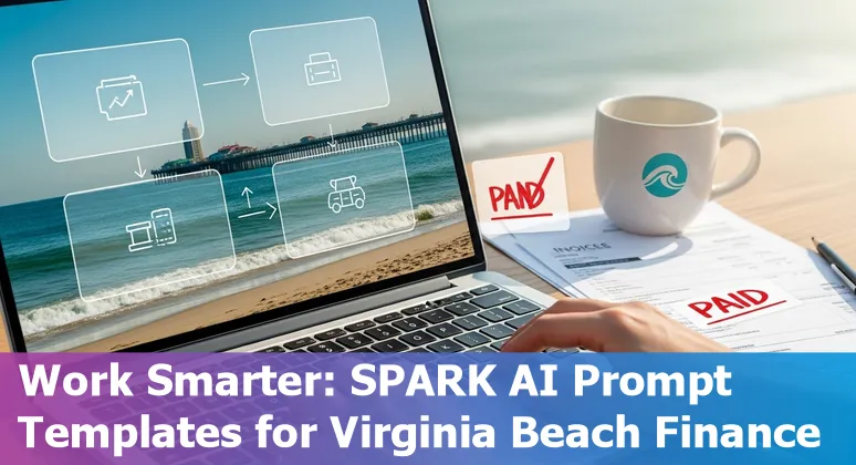 Finance professional using AI prompts on a laptop with Virginia Beach coastline in the background