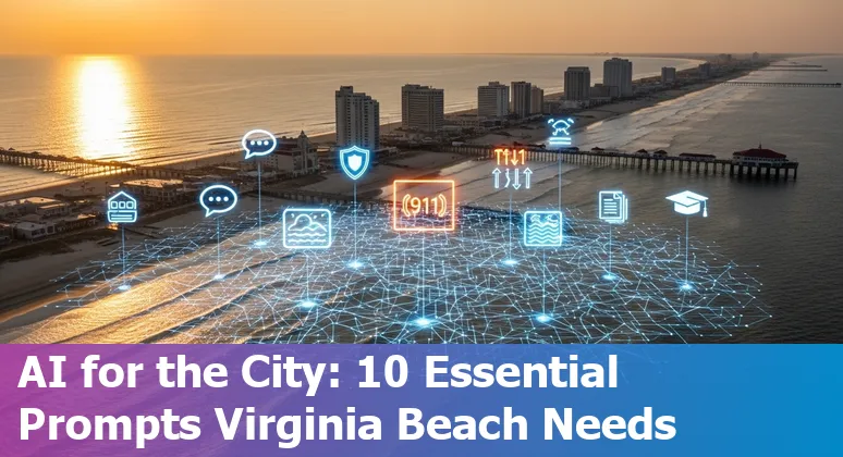 City hall of Virginia Beach with icons for AI, chatbot, traffic signal, and emergency services.