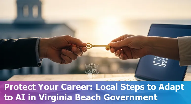 City of Virginia Beach government office worker at a computer with AI and digital transformation icons overlay.