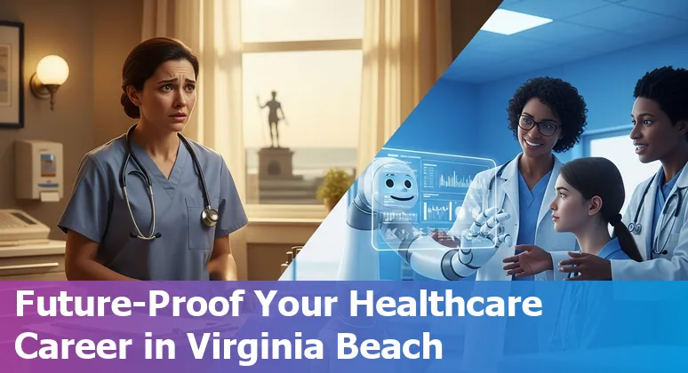 Healthcare worker with tablet and AI overlay icons symbolizing automation and upskilling in Virginia Beach