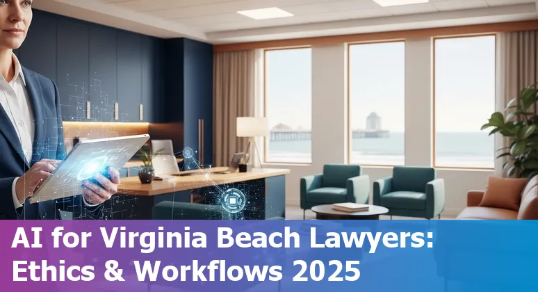 Legal professional using AI tools in Virginia Beach, Virginia office with coastal skyline visible