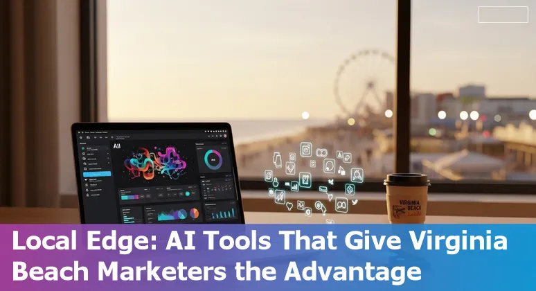 Virginia Beach marketer using AI tools like ChatGPT and SurferSEO on a laptop with the ocean skyline in the background.