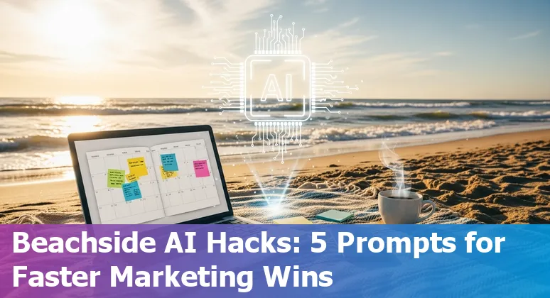 Virginia Beach marketer using AI prompts on a laptop with the ocean and boardwalk in the background