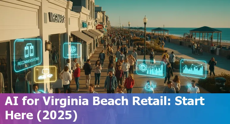 Retail AI meeting with laptop showing dashboards over Virginia Beach, Virginia skyline