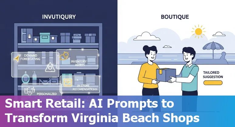 Retail storefronts at Virginia Beach with overlay icons for AI, chatbots, recommendations, and analytics.