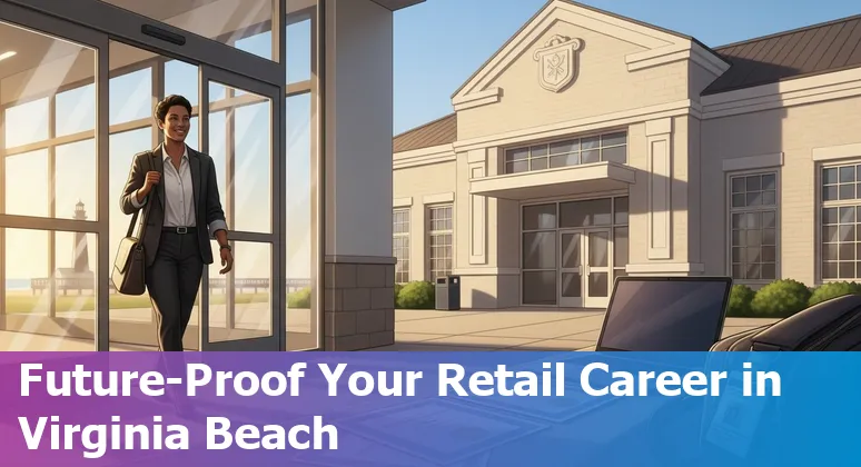 Virginia Beach retail workers adapting to AI: delivery driver, ice cream server, pool technician, and merchandiser with tech training icons