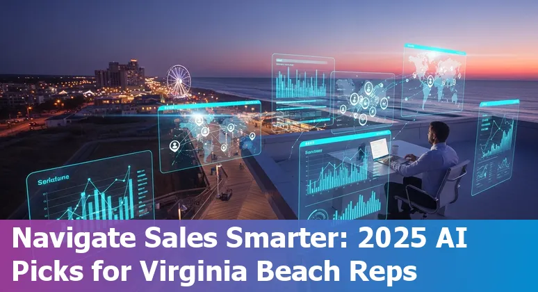 Sales professional using AI tools dashboard on laptop with Virginia Beach skyline in background