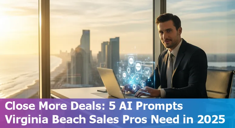 Sales professional in Virginia Beach using AI prompts on laptop with ocean and port in background