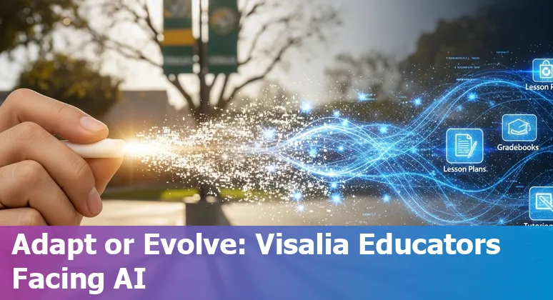 Visalia educator using AI tools on a laptop in a classroom overlooking the Sierra Nevada foothills