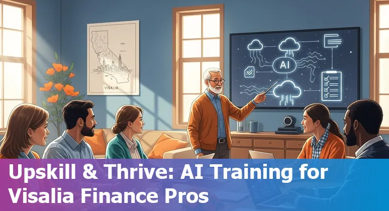 Finance professional using AI dashboard in Visalia, California skyline background
