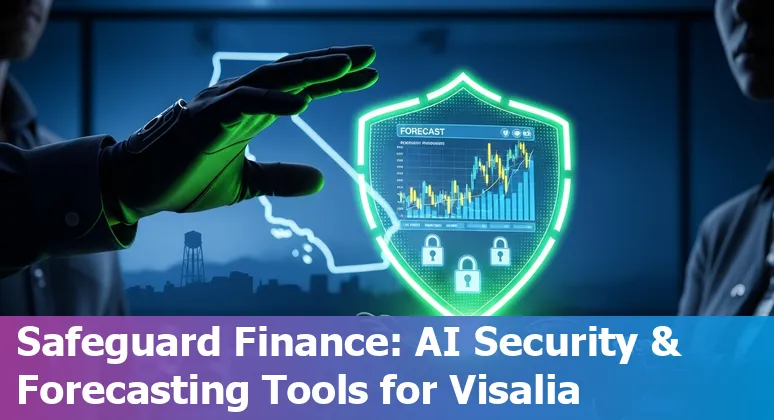 Collage of AI finance tools icons overlaid on a map of Visalia, California, with charts and spreadsheets in the background