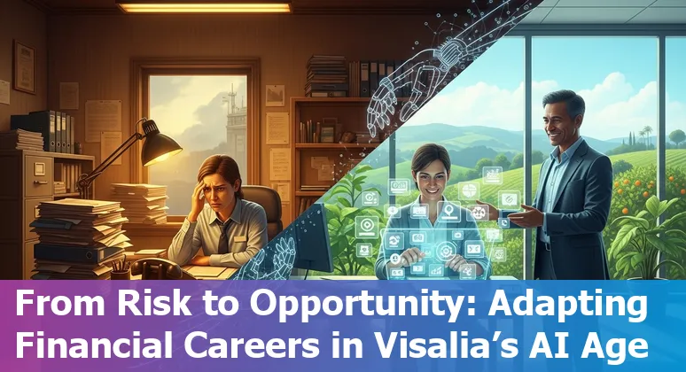 Visalia financial services workers discussing AI risks and adaptation strategies in an office setting.