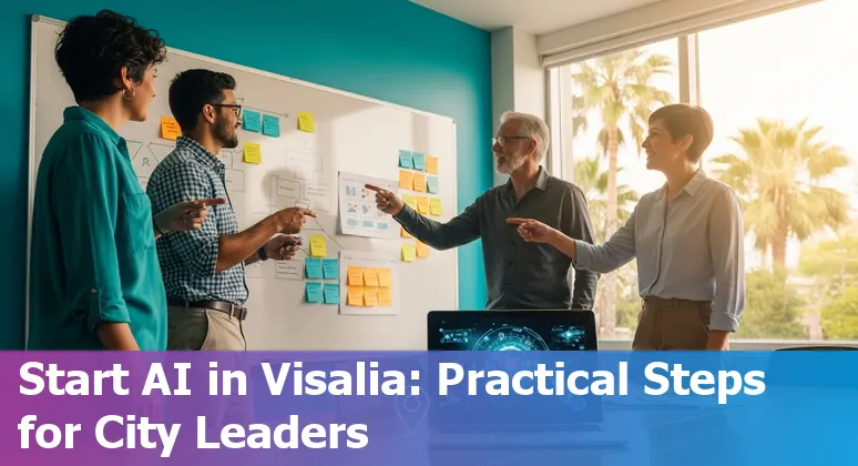 Visalia, California city government officials reviewing AI strategy documents and maps in 2025, US.