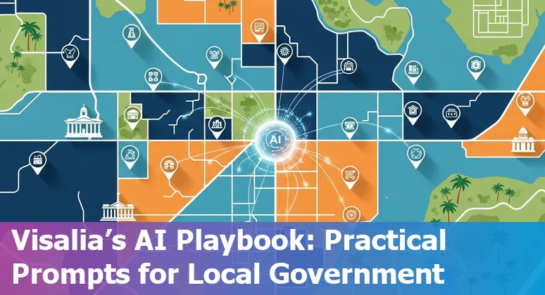 City hall with overlay icons for chatbots, documents, budget charts and wildfire alert representing AI use cases in Visalia government.