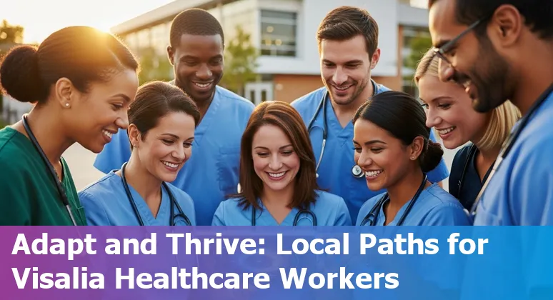 Healthcare worker at computer using AI assistant in a Visalia clinic, with pharmacy and imaging equipment in background