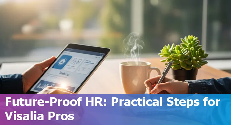 HR professional using AI tools in an office with Visalia, California skyline visible, illustrating HR and AI in Visalia, CA in 2025