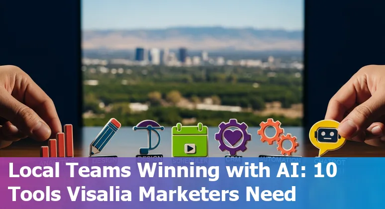 Visalia marketer using AI tools on laptop with icons for Sprinklr, Jasper, SurferSEO, 6sense, Google Analytics, Semrush, Optimizely, HubSpot, Upfluence, Canva