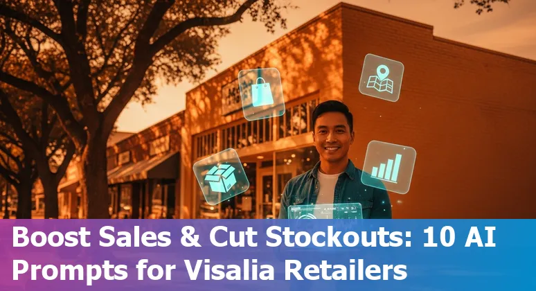 Visalia retail storefront with AI icons representing inventory, chatbot, and personalized recommendations.