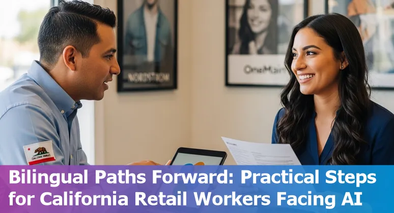 Visalia retail worker learning new skills on a laptop beside a storefront with bilingual signage.