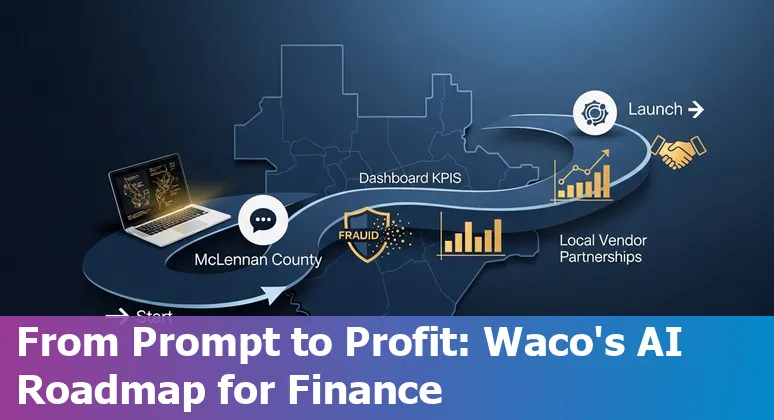 Bank employee in Waco reviewing AI-driven dashboard showing fraud alerts, customer chats, and portfolio analytics.
