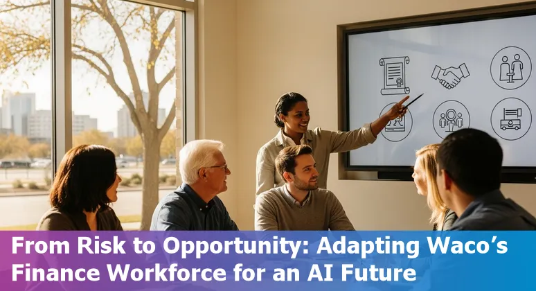Waco financial district with icons for AI and five at-risk financial-services jobs