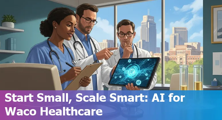 Healthcare worker interacting with a tablet showing AI-driven scheduling, chatbots, and medical imaging icons, representing AI use cases for Waco hospitals.