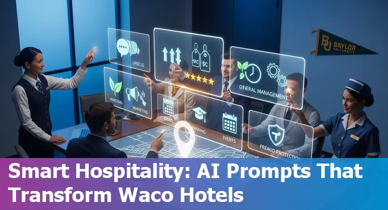 Hotel concierge using AI on a tablet showing Waco attractions like Magnolia Market and Baylor University
