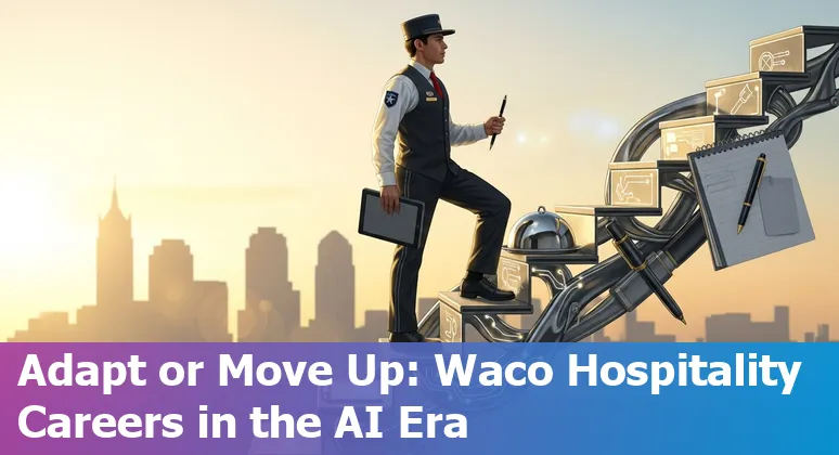 Waco hospitality worker using a tablet as AI and hotel icons hover above the city skyline.