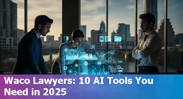 Lawyer at desk in Waco using AI-assisted legal software on laptop with contract and case files nearby