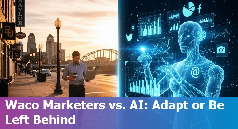 Illustration of AI assisting a marketer in Waco, Texas skyline, showing collaboration between AI tools and human creativity in Waco, TX.