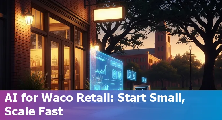 Retail AI guide cover image showing a Waco, Texas shop owner reviewing AI dashboards and local Baylor University skyline in background