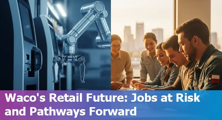 Retail worker at a Texas store using POS tablet beside a self-checkout kiosk in Waco