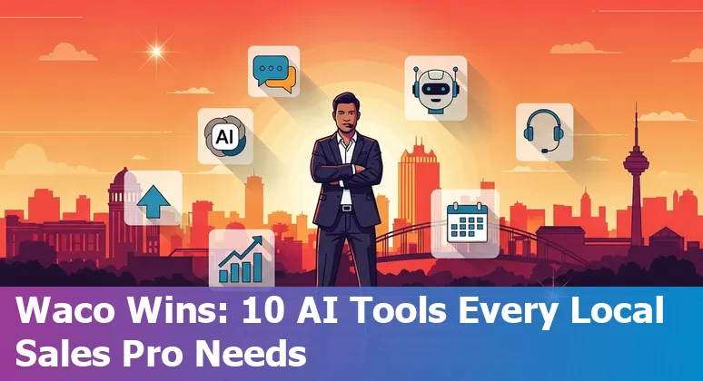 Collage of AI sales tools logos and a Waco skyline with salespeople using laptops.